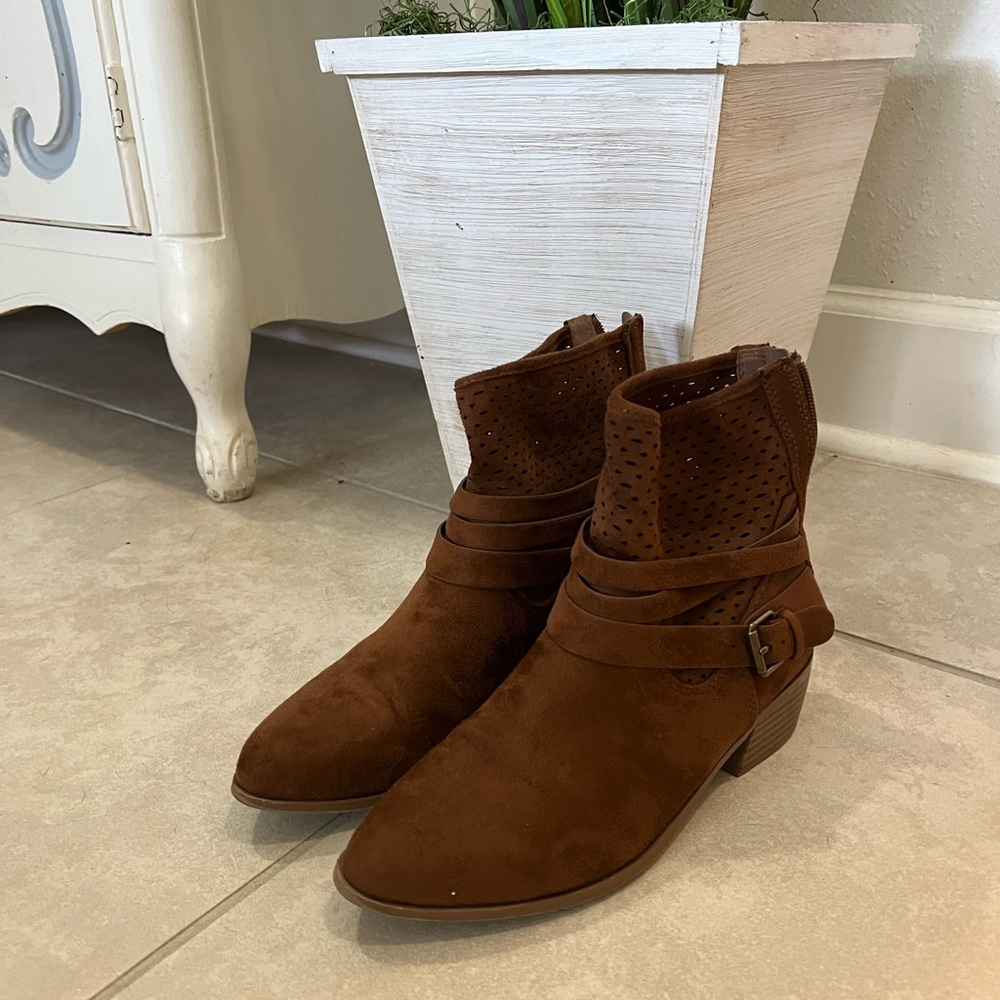 Brown suede booties. Zip up back
